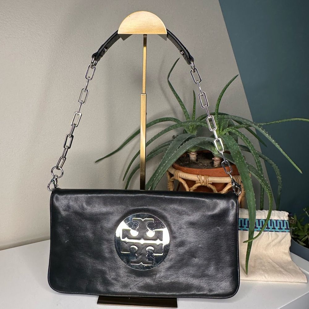 Tory Burch Black Leather Fold-Over Clutch | Removable Chain Strap | Silver Logo